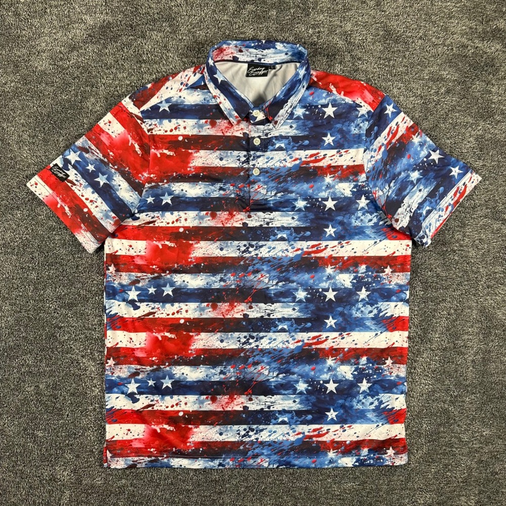 Sunday Swagger Polo Shirt Men L Red White Blue Stars Stripes Paint Splatter USA
